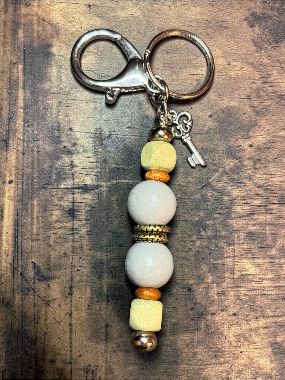Handmade Blue & Green Beaded Bag Charm/Keychain with Heart Key Charm